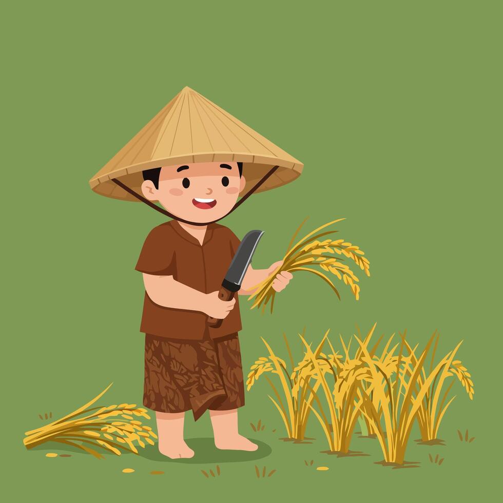 Boy Harvesting Rice in Field with Knife and Hat vector