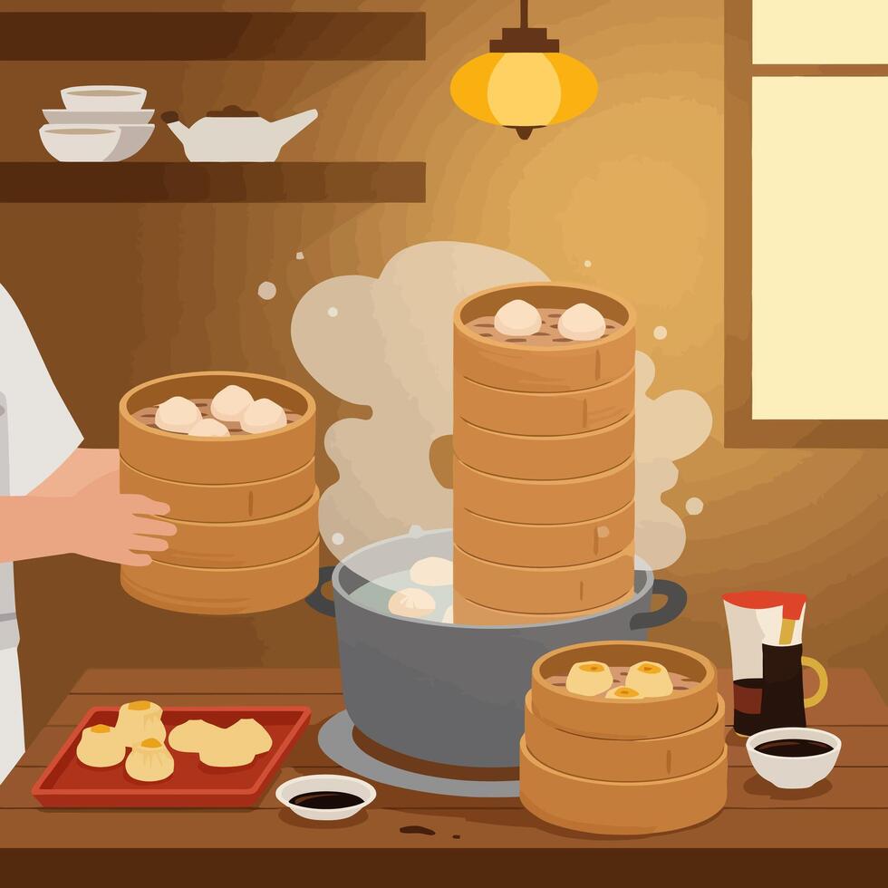 Preparing Dumplings in Steamer Baskets Cooking Scene vector