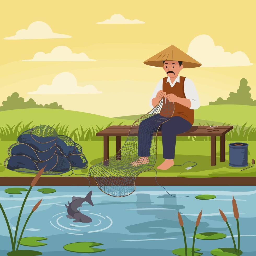 Fisherman Mending Fishing Net Near Pond at Daytime vector
