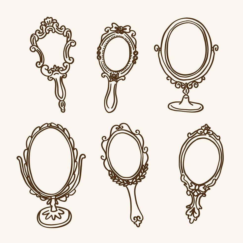 Hand-drawn vintage mirror collection in elegant line art style vector