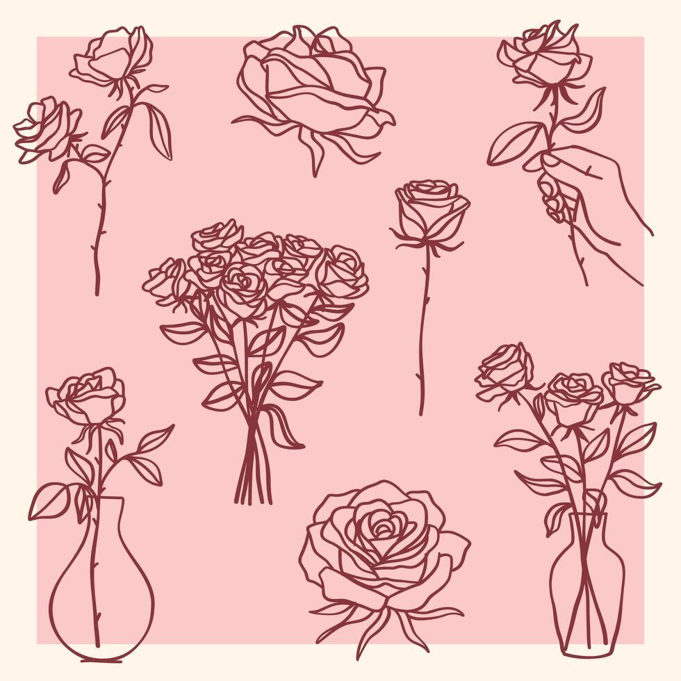 Set of elegant rose illustrations in line art on a pink background in doodle style vector