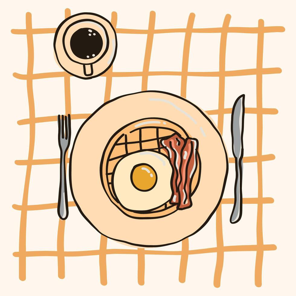 Hand drawn breakfast illustration. coffee, egg, bacon, and cutlery on a checkered tablecloth. Doodle style. vector