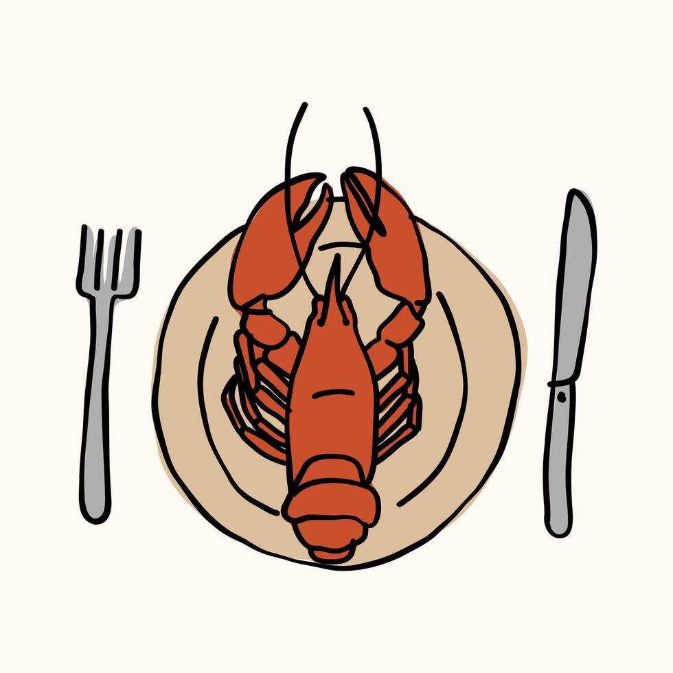 Hand drawn illustration of a lobster dish. Line art. vector