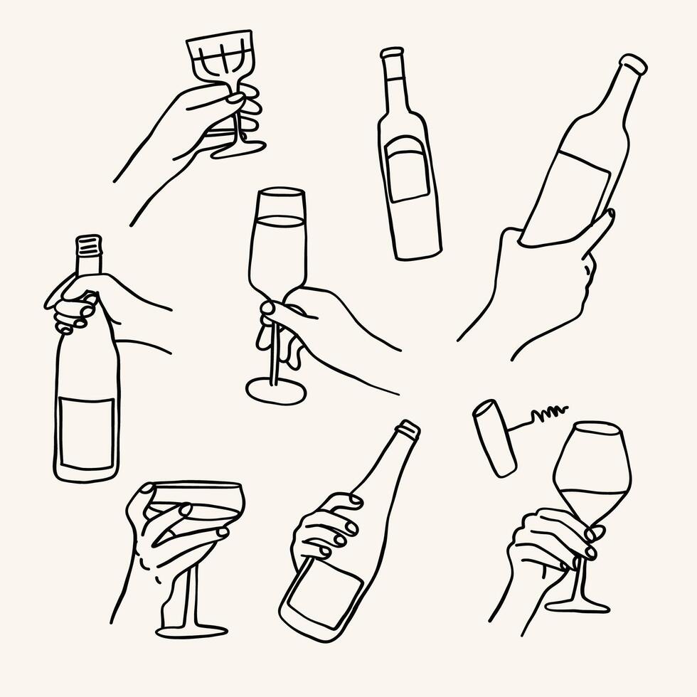 Hand-drawn wine and glassware collection in elegant line art style vector