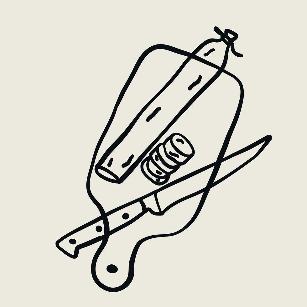 Hand drawn line drawing of a charcuterie board with salami and knife. minimalist food sketch, doodle vector
