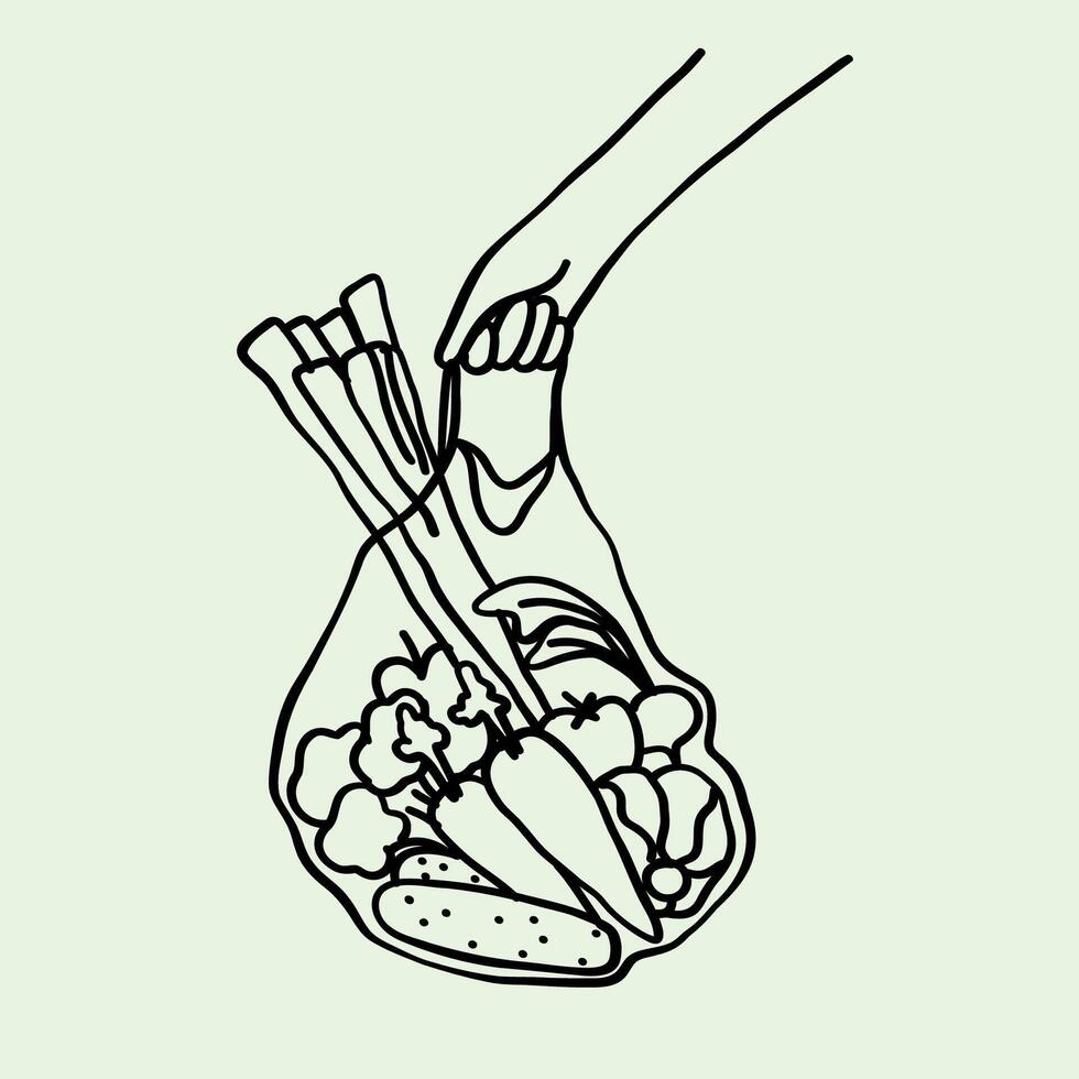 Hand drawn illustration of a grocery bag with vegetables. Line art. vector