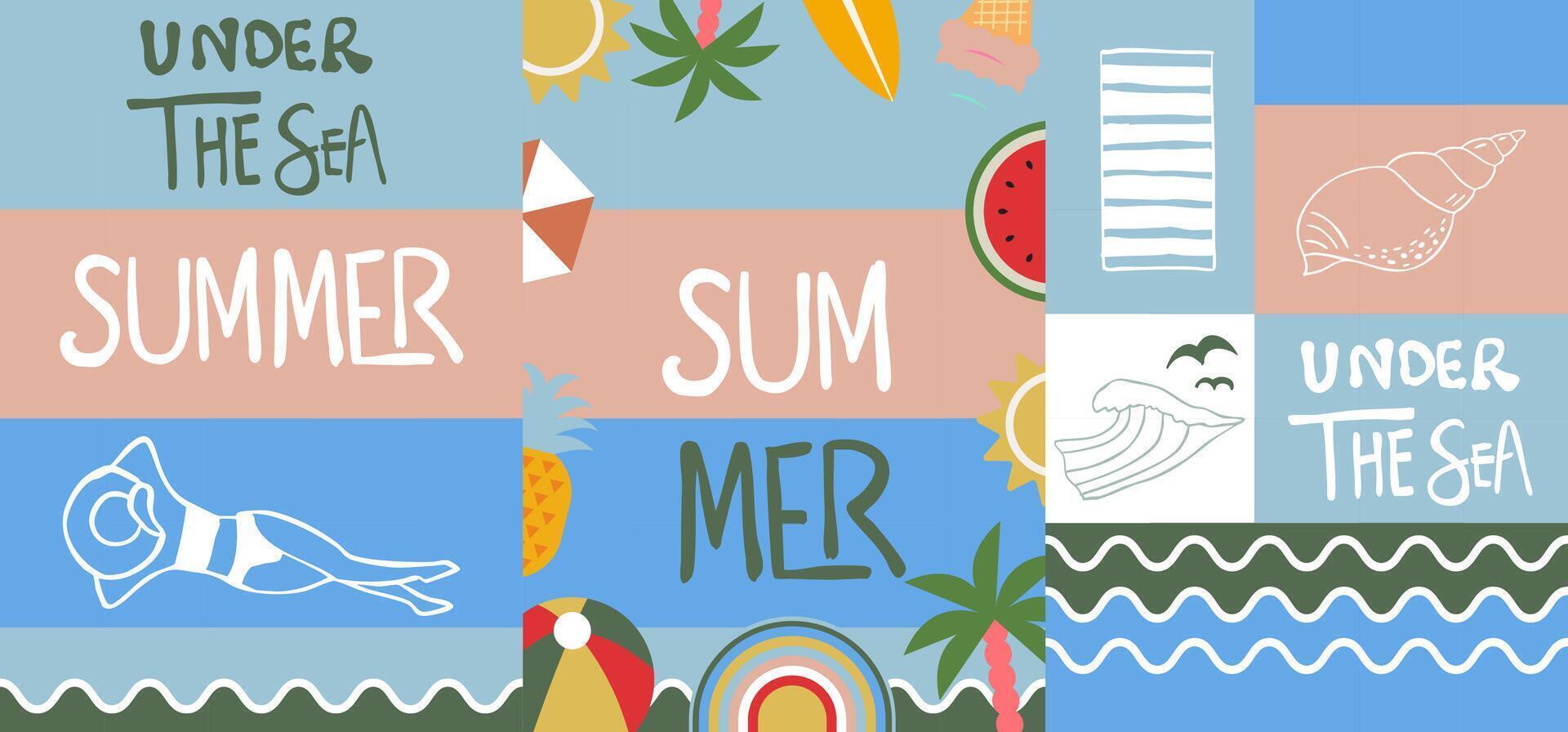 Summer geometric banner background with woman,watermelon.graphic for horizontal design vector