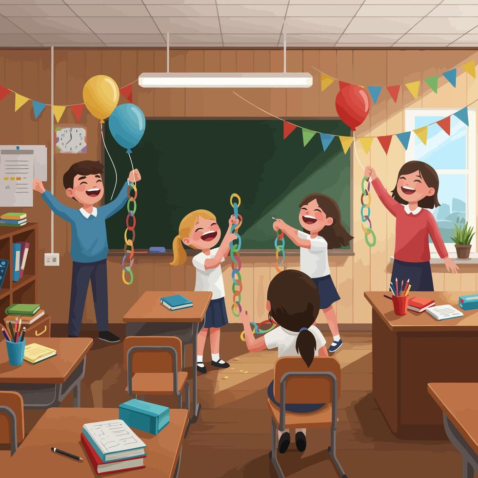 Students Celebrate with Paper Chains in Classroom vector