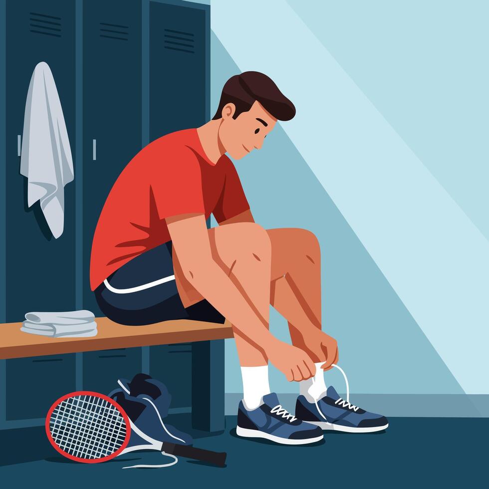 Person Tying Shoe Laces in Locker Room Illustration vector