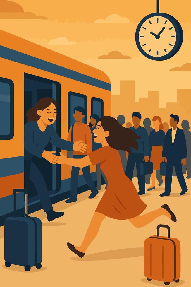 Woman Running to Meet Friend Arriving by Train at Station vector