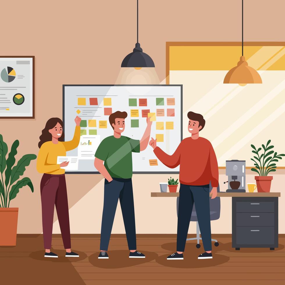 Brainstorming Team Planning Using Sticky Notes on Board vector