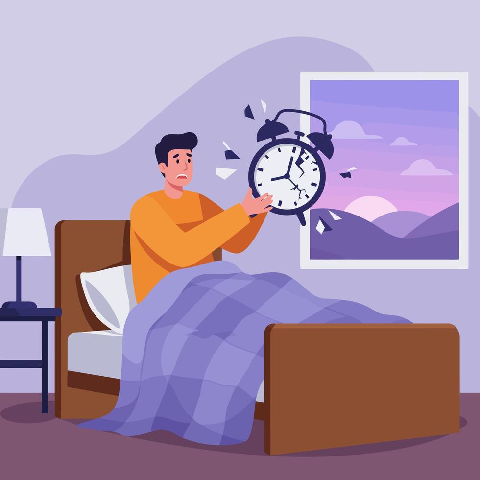 Man Holding Broken Clock Shows Frustration After Waking Up vector