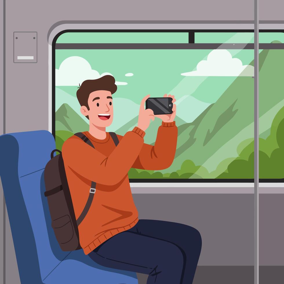 Man Taking Photo From Train Window During Travel vector