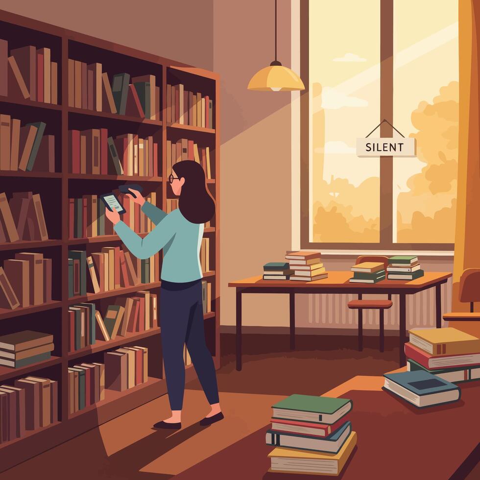 Person Using Tablet in Library Among Book Shelves vector