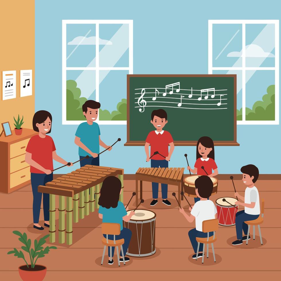 Children Playing Musical Instruments in Classroom Setting vector
