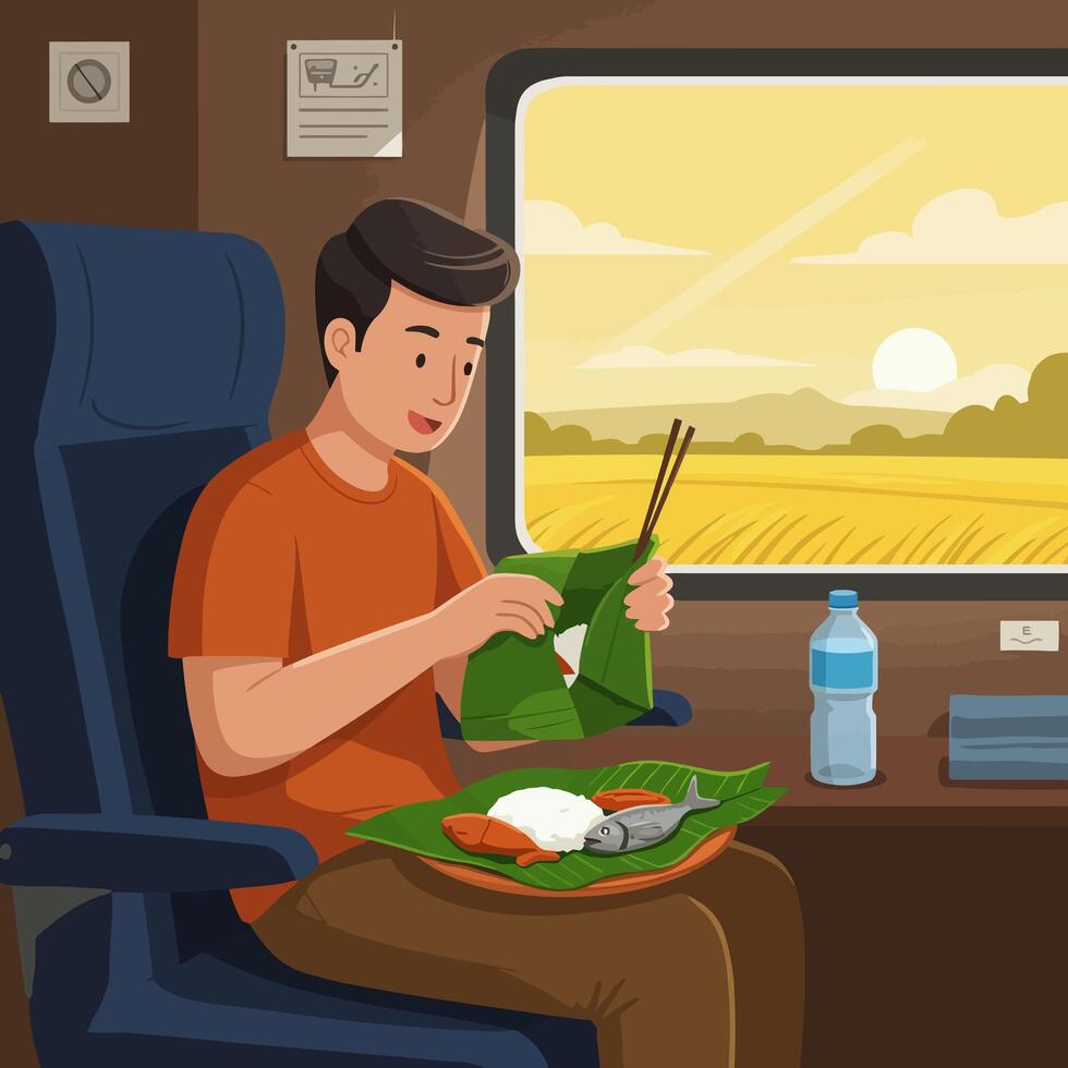 Man Eating Meal While Travel Train Journey at Sunrise vector