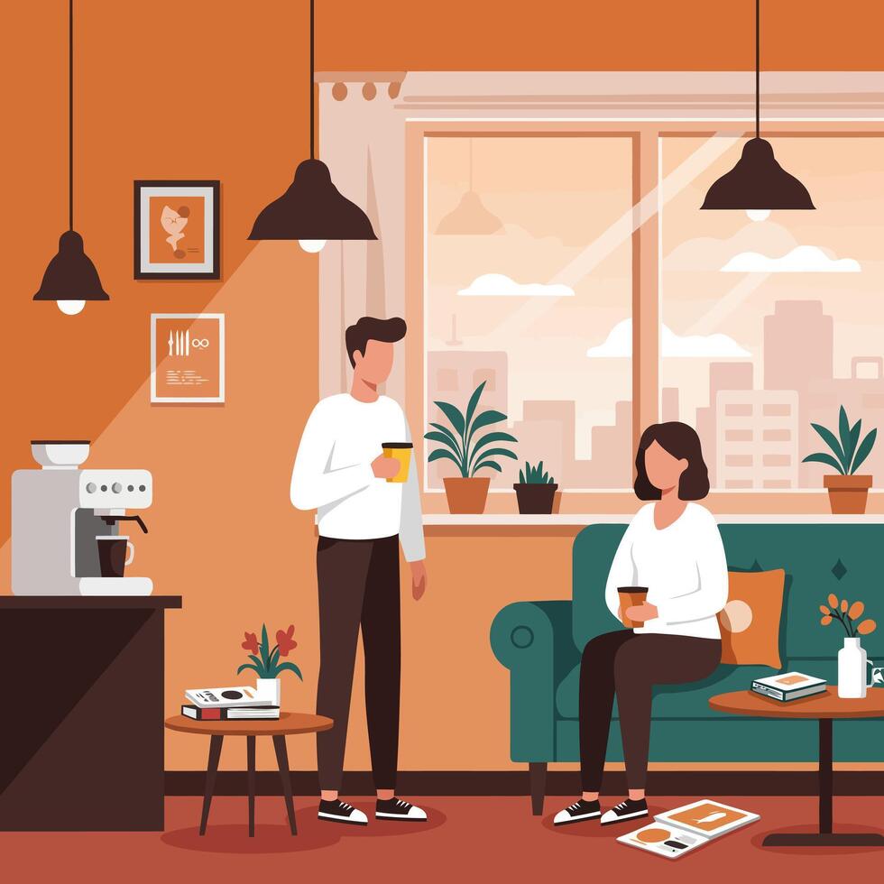 People Drinking Coffee in Cozy Living Room Apartment vector