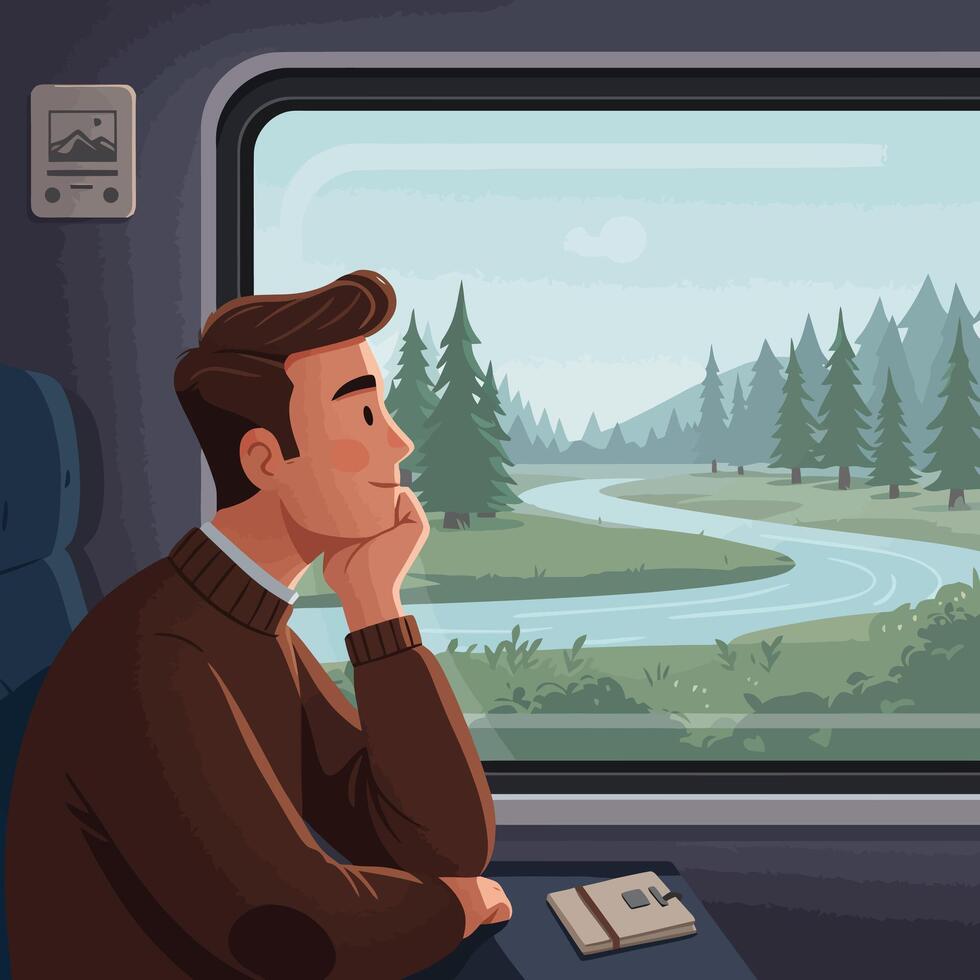 Man Lookig at Nature From Train Window Enjoying Trip vector