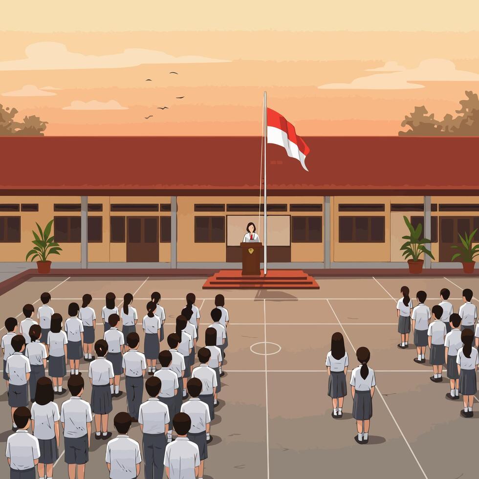 Student Assembly at School with Flag Raising Ceremony vector