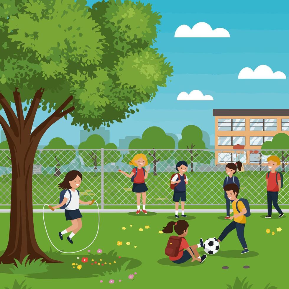 Children Playing on Schoolyard Playground Scene vector