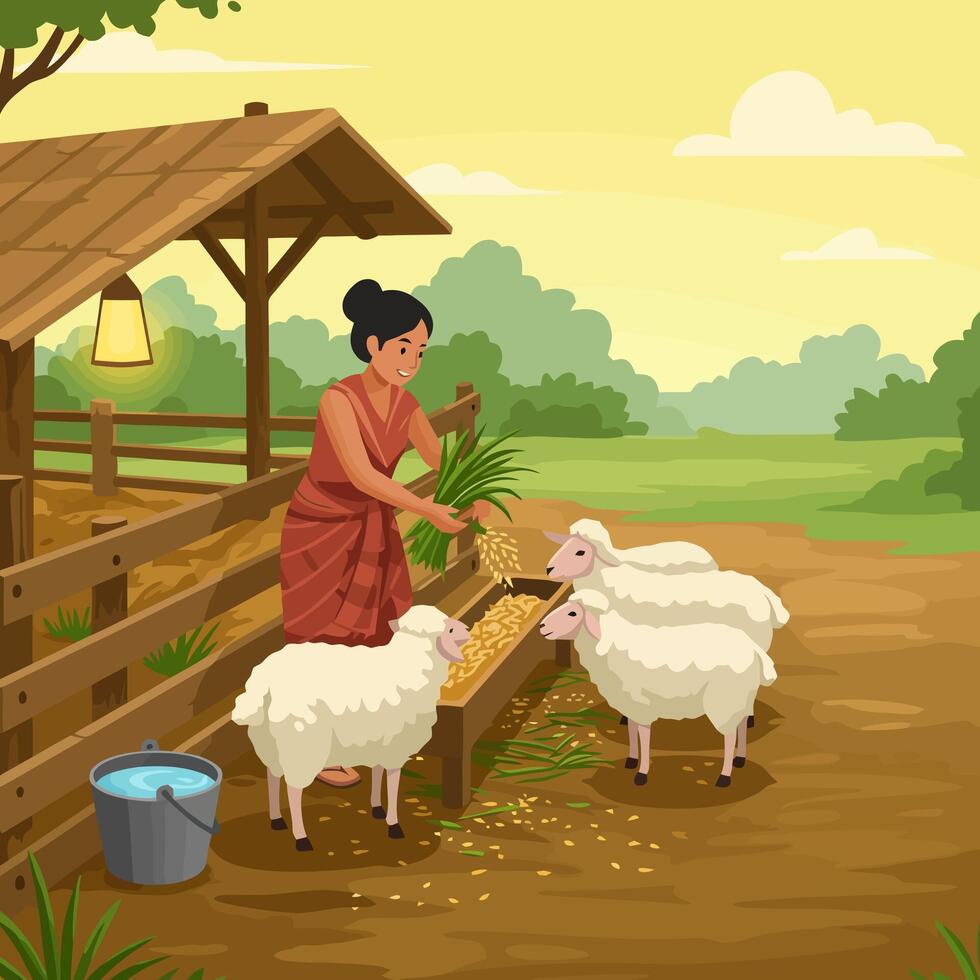Woman Feeding Sheep at Barn on Farm with Rural Landscape vector