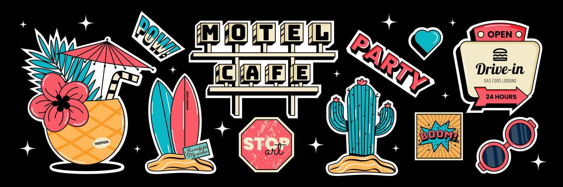 Retro summer vibes, party and trip elements. Motel signboard, cocktail, cactus, surfboard, lips and other. illustration on black background vector