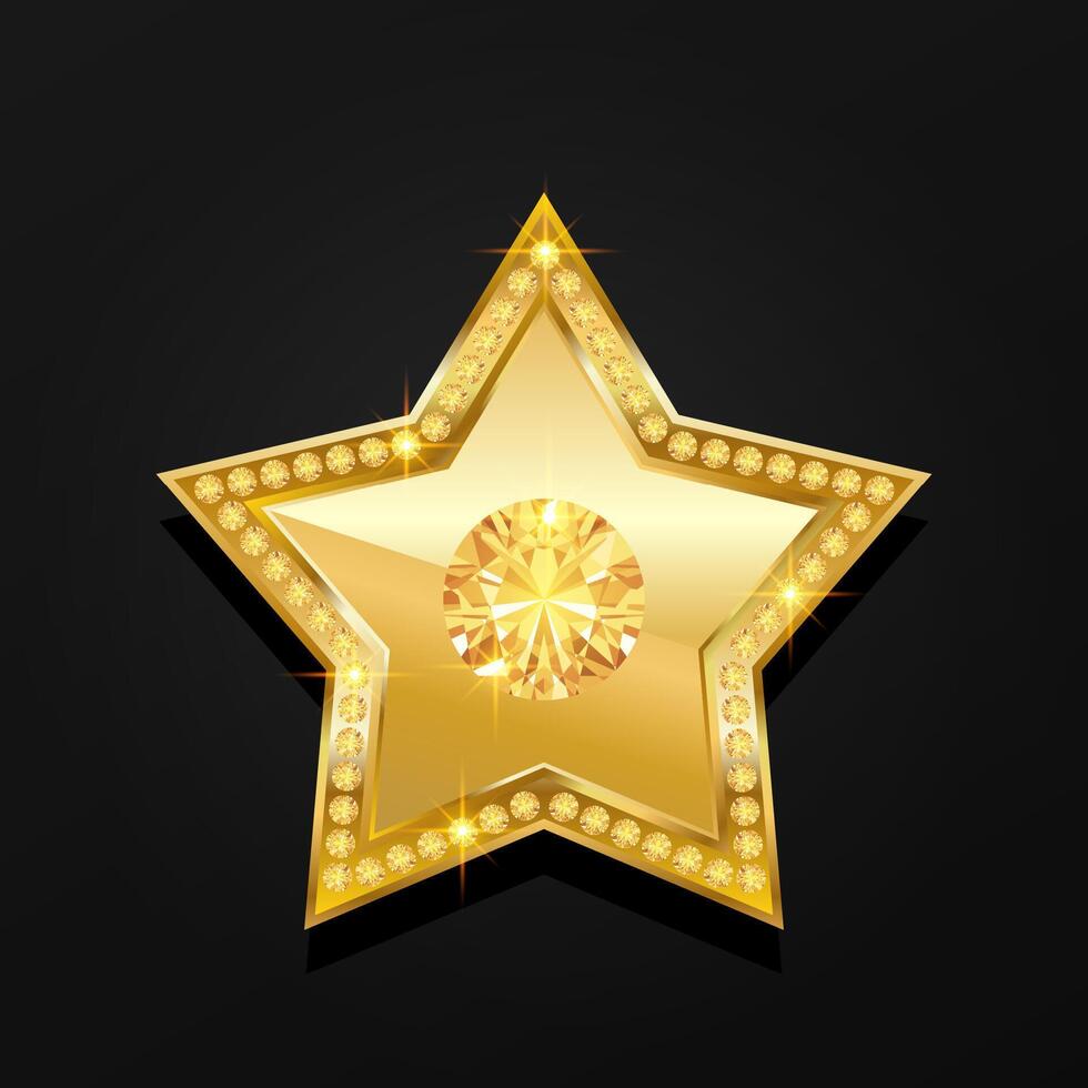 Gold five pointed star with diamonds. illustration isolated on black background vector