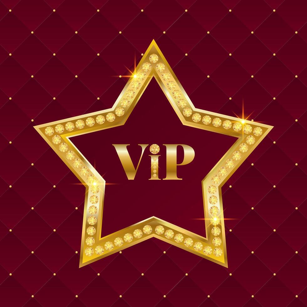 Vintage VIP card with golden star and diamonds. Red leather background. Stylish illustration vector