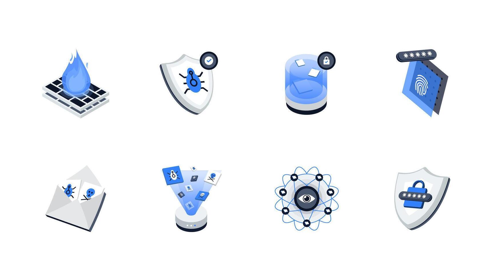 Isometric Cybersecurity and Data Protection Icons. Authentication, Spyware, Antivirus, Phishing, Password, Data Encryption, Malware, Firewall for Web, App UI, Infographics, Animation. vector