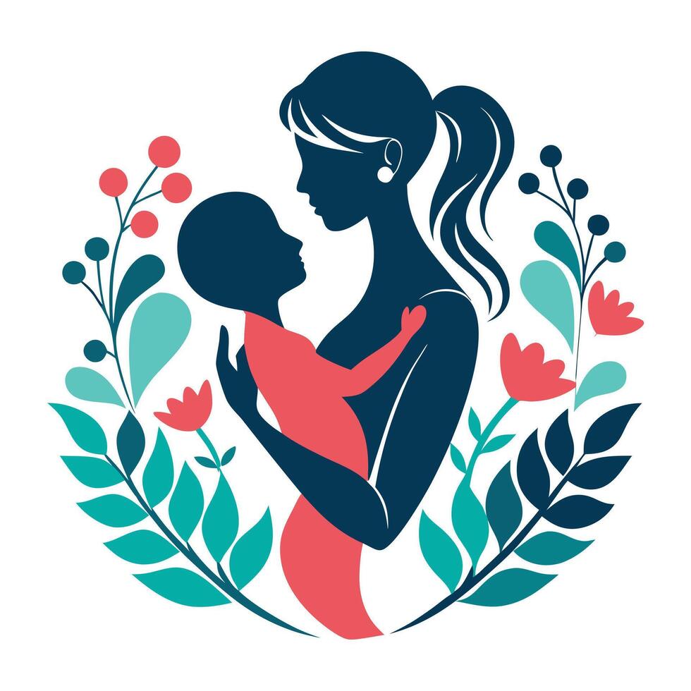 mother and child silhouette with flowers and leaves vector