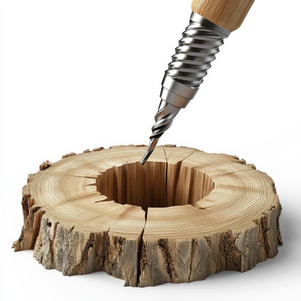 Wood drill bit bores a hole into tree trunk cross section photo