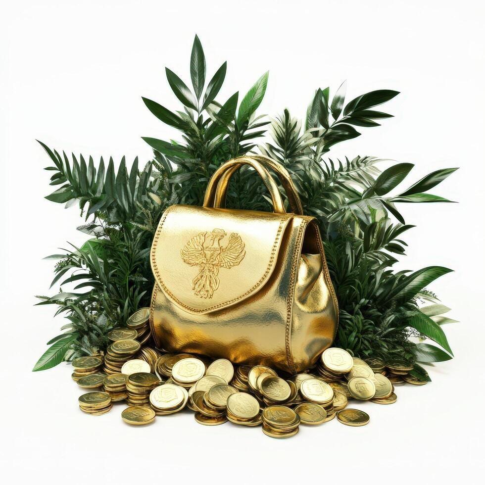 Golden Handbag Surrounded by Lush Greenery and Coins photo