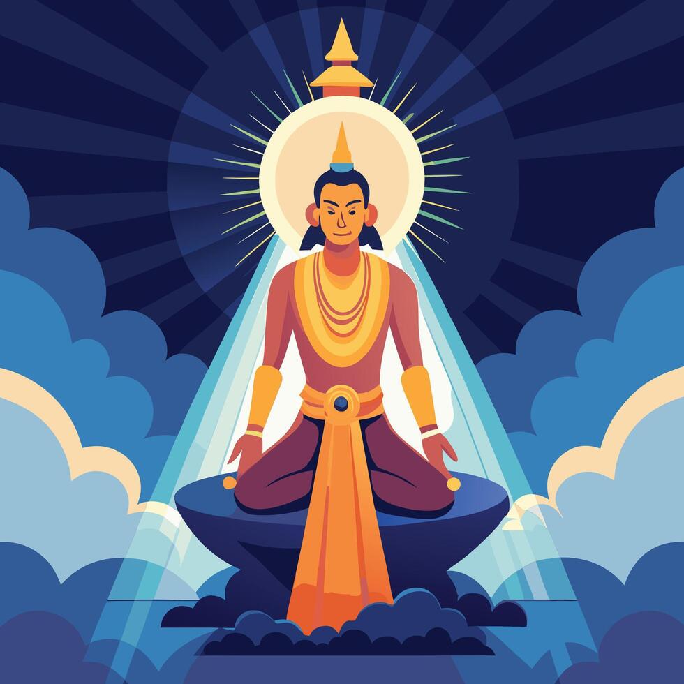 the buddha is sitting on a rock with a light shining above him vector