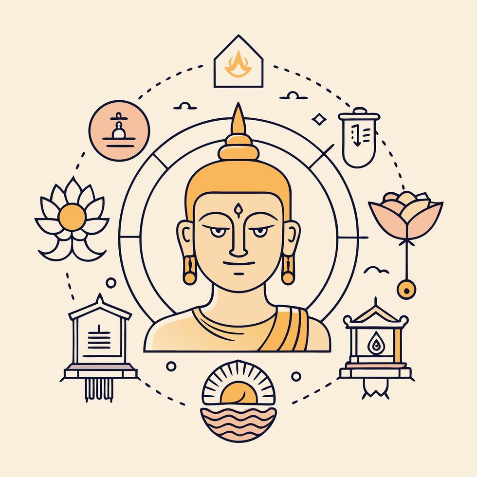 buddha with various symbols and icons vector