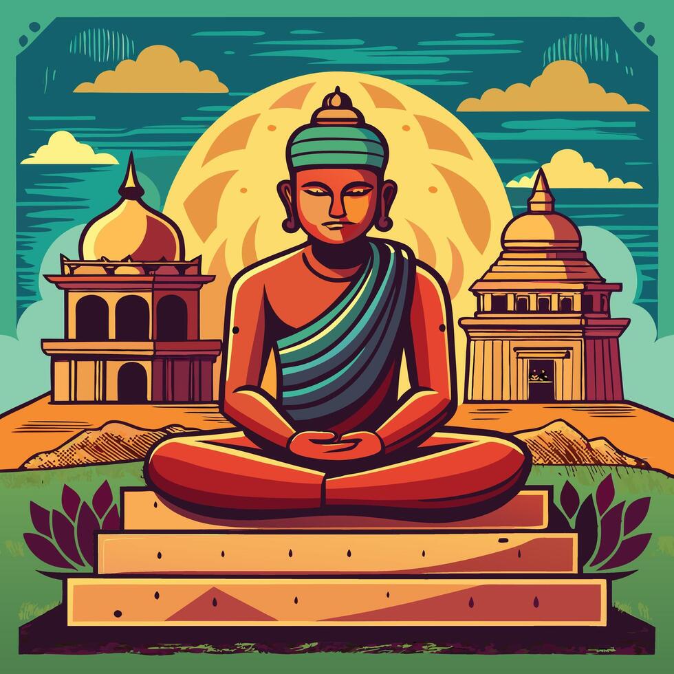 buddha in meditation with temple and city background vector