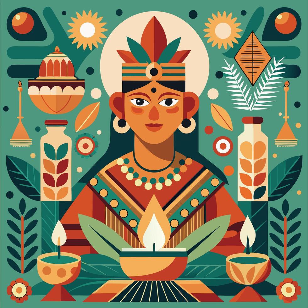 an illustration of a woman with a candle and other items vector