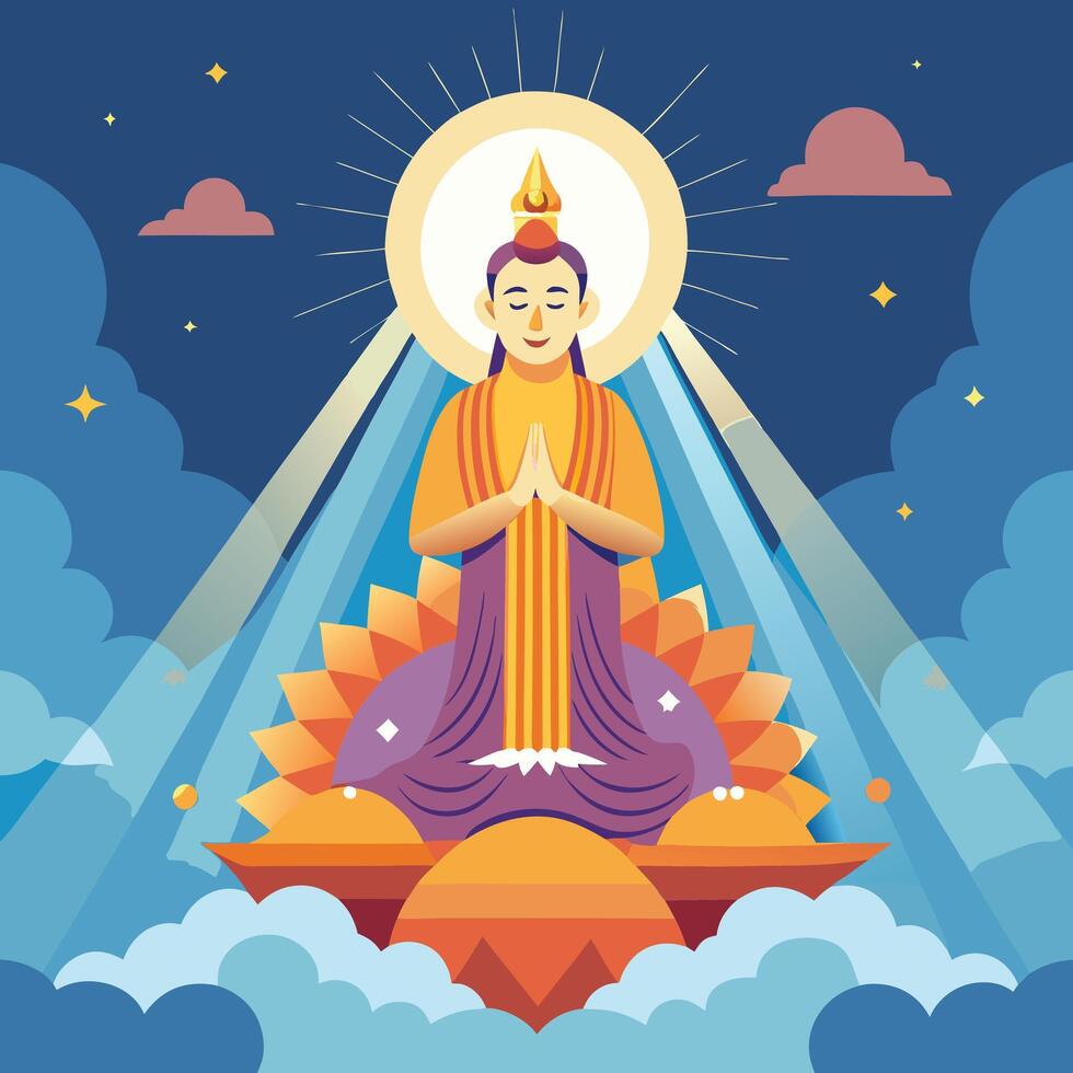 the buddha is sitting on a cloud with the sun behind him vector