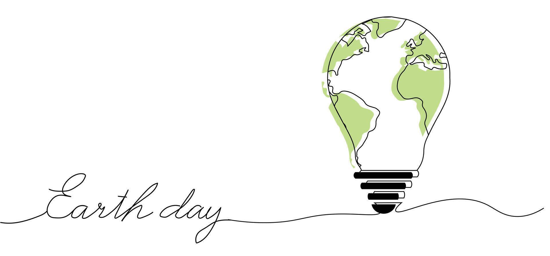 background with One continuous line drawing for Poster, banner, background with lettering earth day text typography with light bulb inside world map globe earth symbol, concept, design,lineart vector