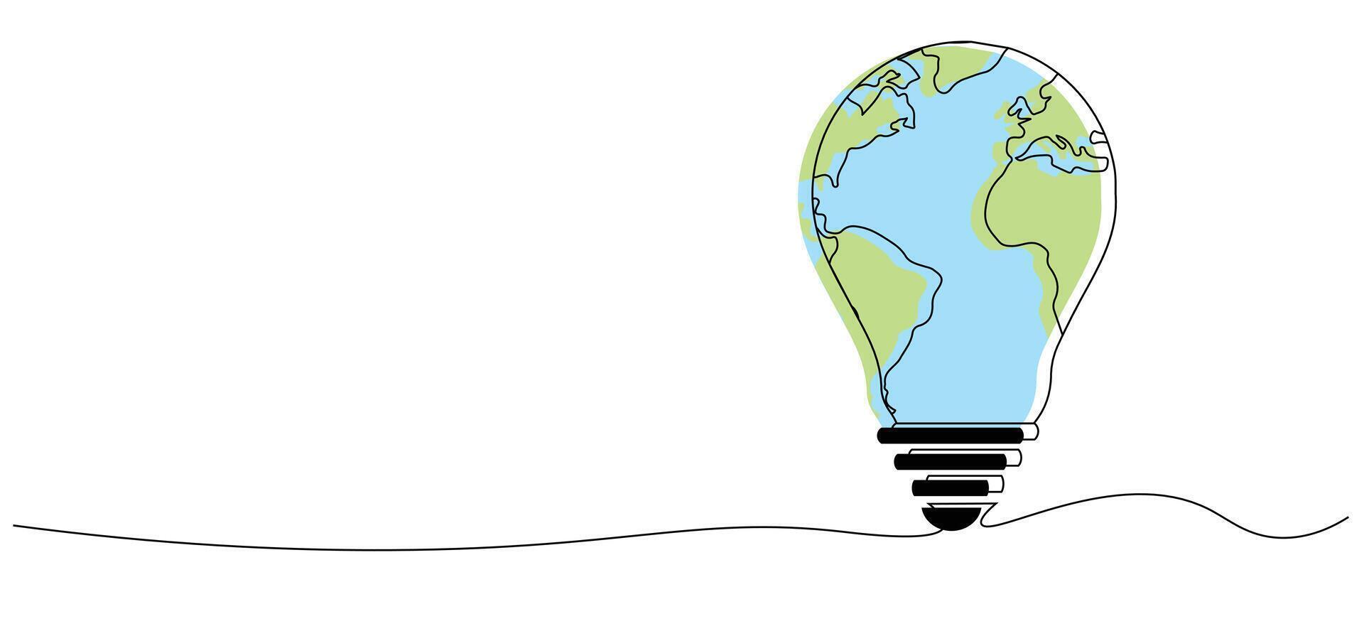 light bulb with world map earth symbol sign, One continuous line drawing with copyspace background, Editable stroke, Doodle outline, Global Design Geographical Illustration Concept vector