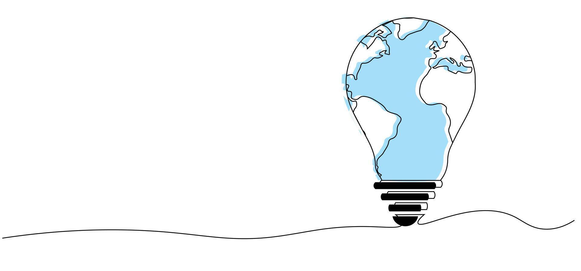 light bulb with world map earth symbol sign, One continuous line drawing with copyspace background, Editable stroke, Doodle outline, Global Design Geographical Illustration Concept Art vector