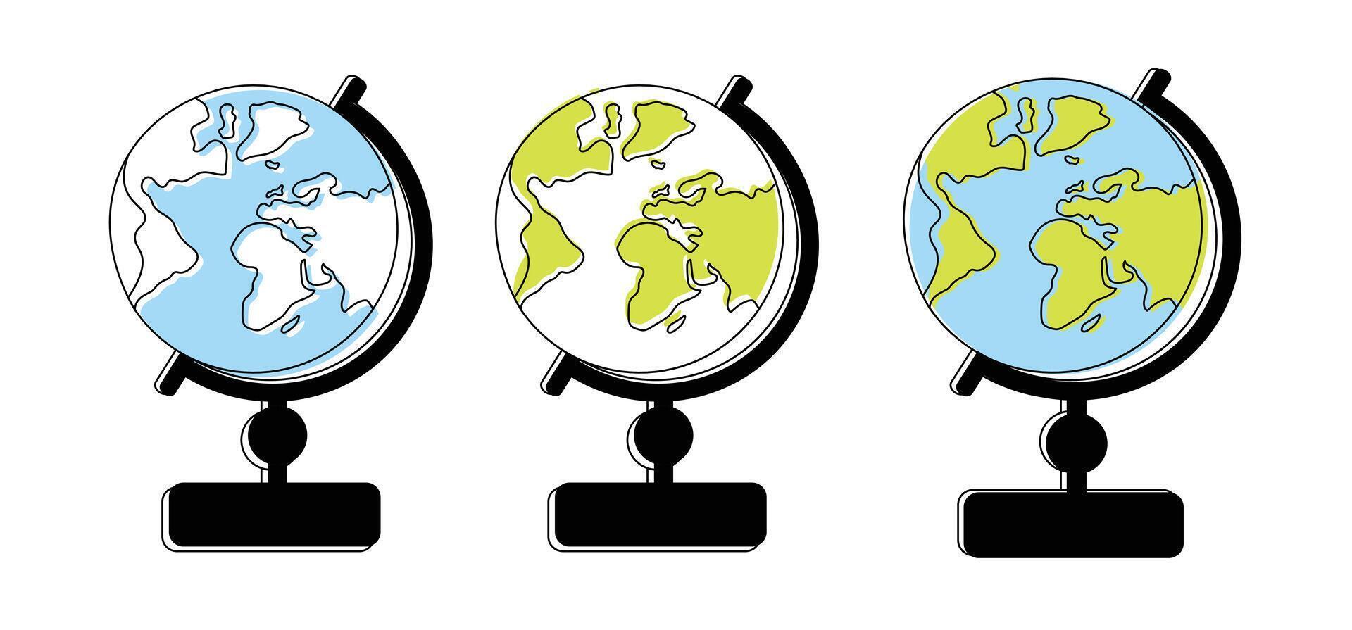 set of globe earth with world map blue water and continents collection illustration, globe symbol sign, element, Earth Globe One continuous line drawing, Earth Day, globe outline line art vector