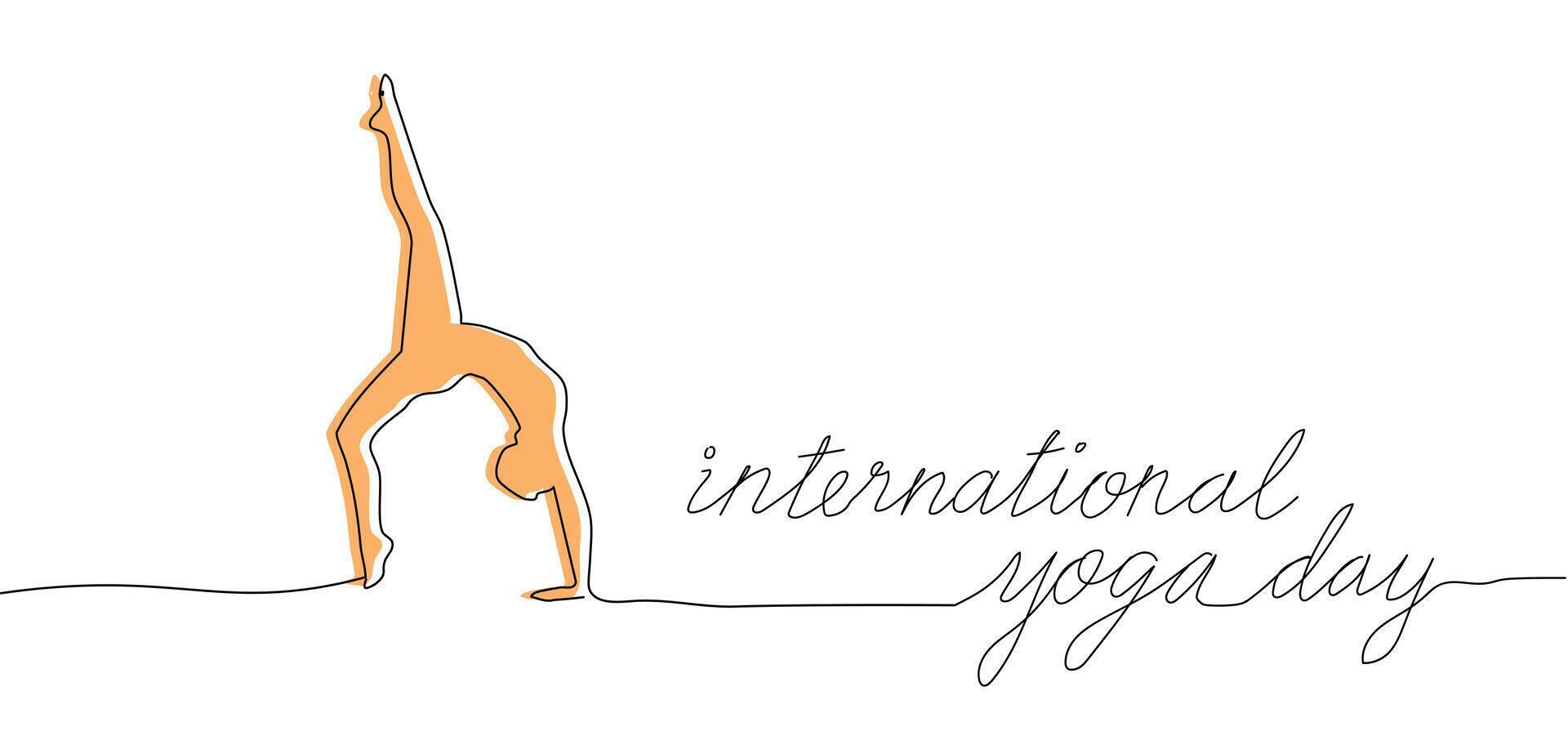 women doing yoga symbol sign, One Continuous line art drawing illustration for Poster, banner, background with International Yoga Day text lettering typography, Editable stroke, Doodle outline vector