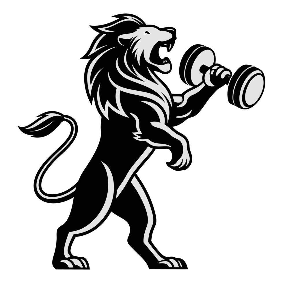 Fierce Lion with Dumbbell Bold Fitness Logo and Strength Branding Design vector