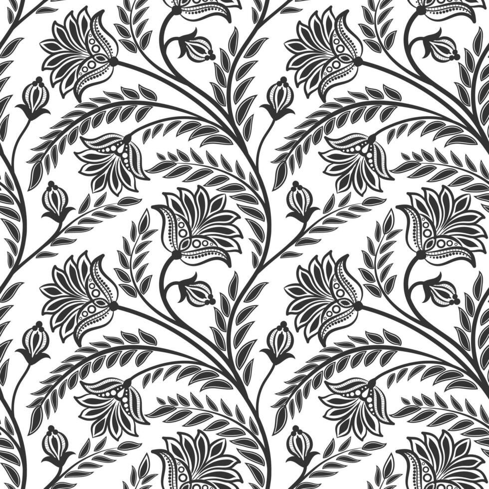 Wallpaper in the style of Baroque. Seamless background. White and grey floral ornament. Graphic pattern for fabric, wallpaper, packaging. Ornate Damask flower ornament. vector