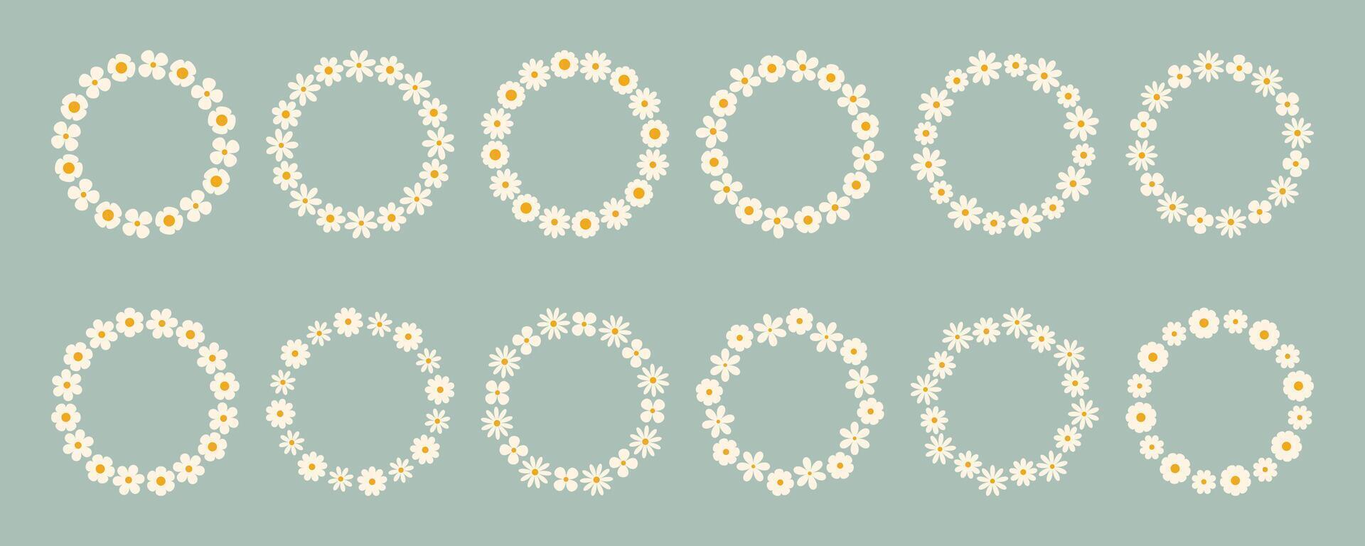 Groovy flower circle frame big set. Floral simple circle frame. Hand drawn botanical round border, laurel, wreath with flowers illustration for wedding invitation, card, logo vector