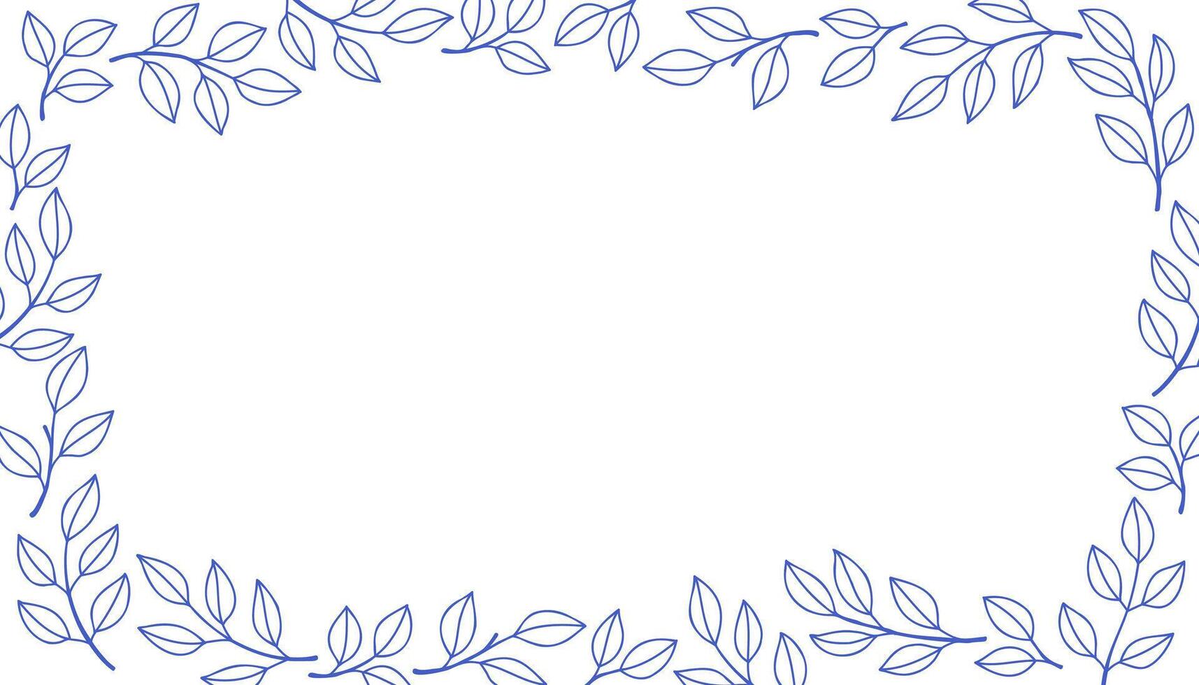 Leaves rectangular border banner. Leaves and branches rectangular frame floral ornament. Line pattern background. Mediterranean blue outline stroke. line. vector