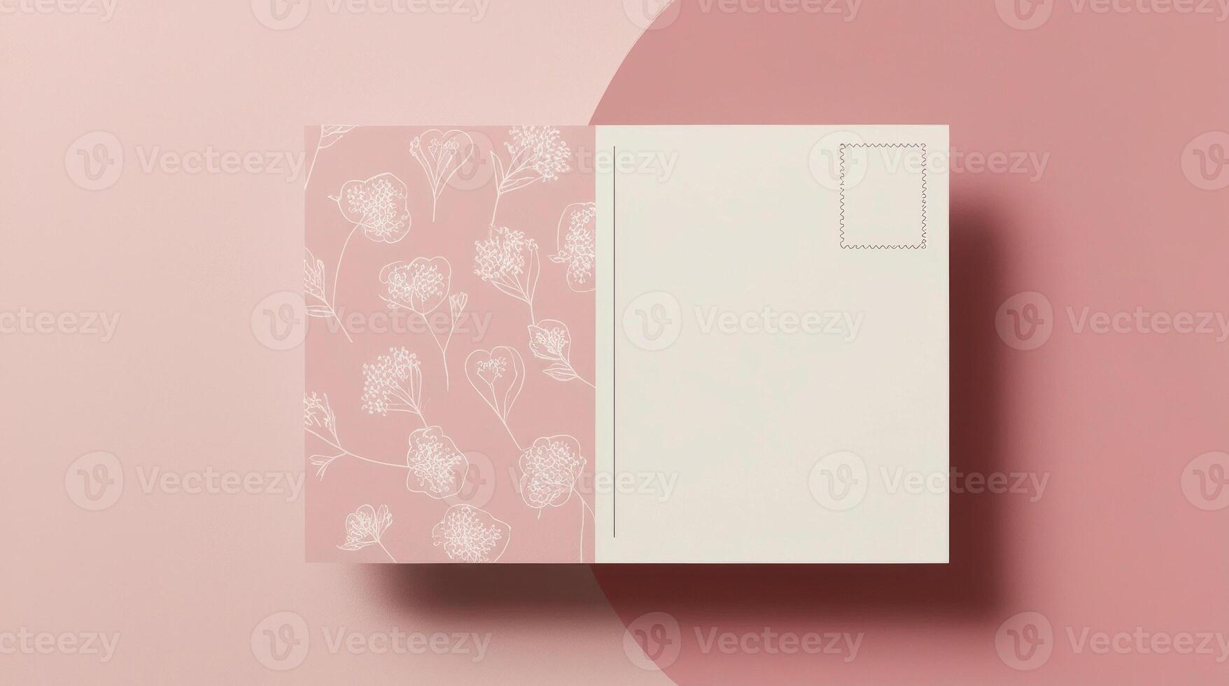A plain white postcard is resting comfortably on a vibrant pink background photo