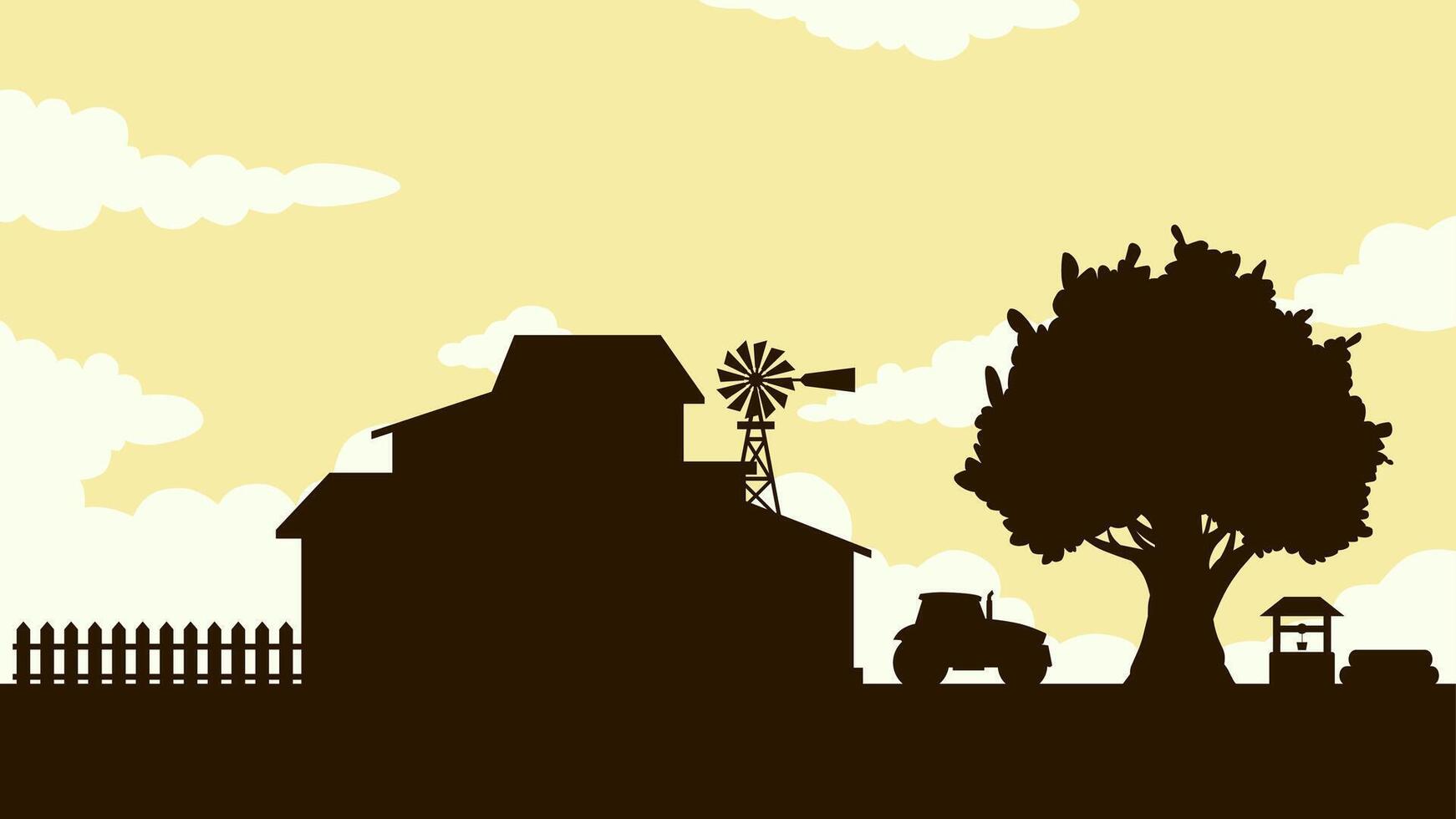 Countryside landscape of farmhouse scenery. Panoramic view of rural house with windmill and tractor under big tree. Scenic cloudscape over the farmland in rural environment vector