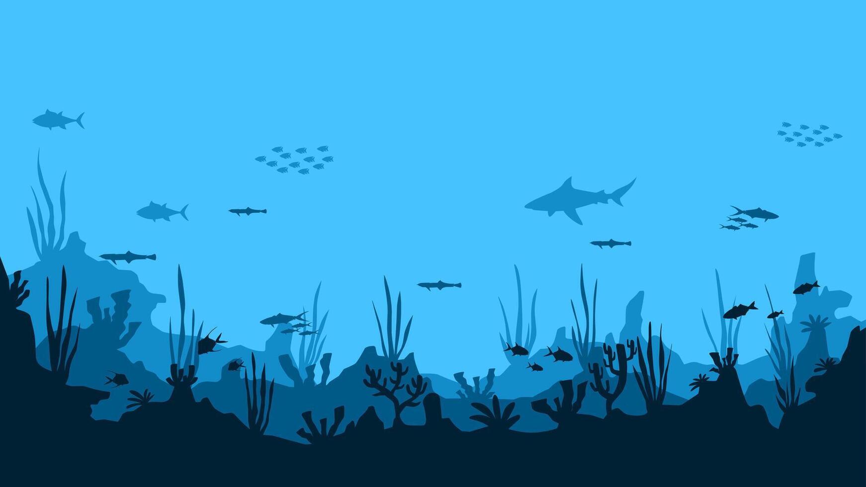 Underwater landscape of fishes and coral reefs scenery. Panoramic view of tropical fish and a shark in aquatic environment. Marine life with sea animal and nautical vegetation vector