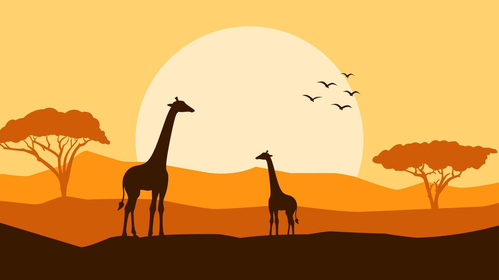 Wildlife landscape of a giraffe in a savannah scenery. Panoramic view of giraffe eating leaves from african tree. Scenic savanna with giraffe and flock of birds in the grassland vector